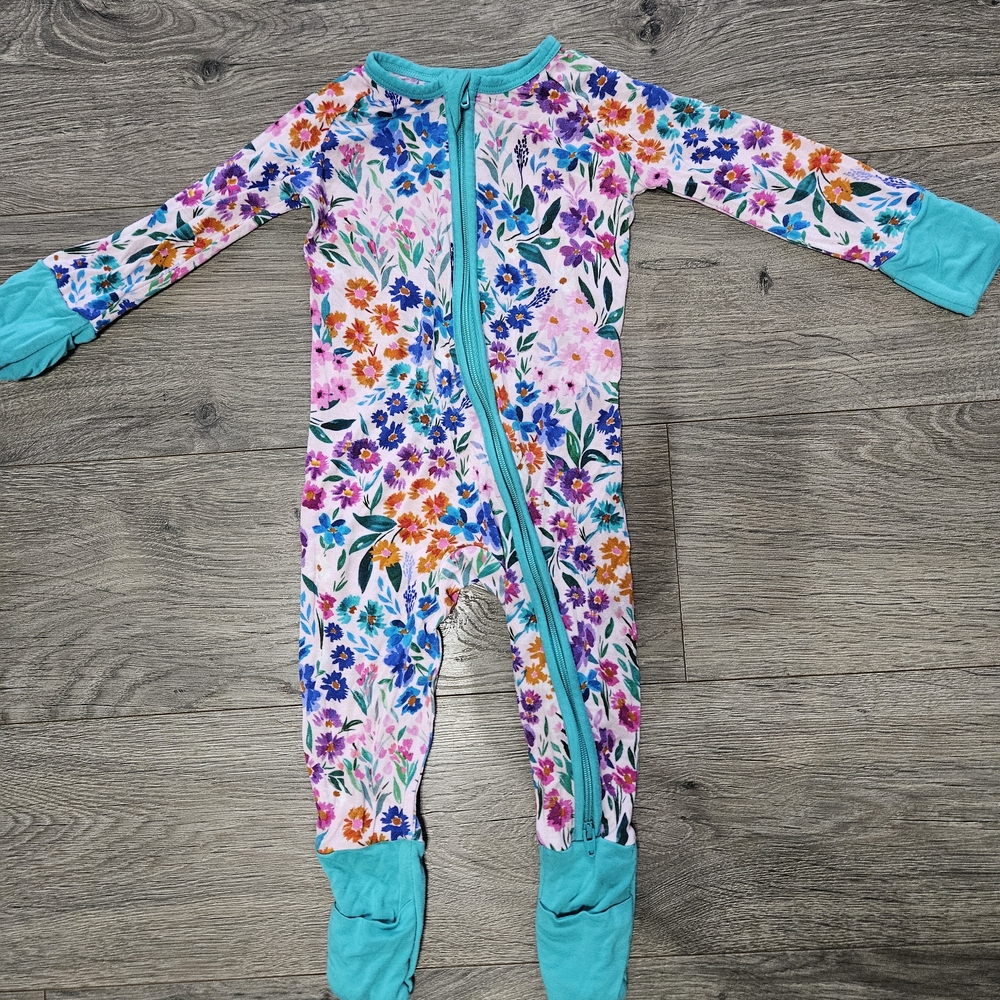 Little Sleepies Floral Footie with Teal Trim